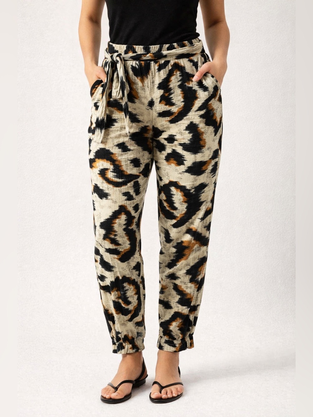 Leopard Print Tie-Waist Wide-Leg Cotton Pants - Black/Beige/Gold